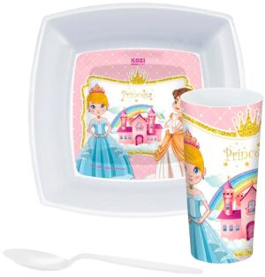 Kit Plato + Vaso de Plástico Cuadrado Kozi Plast Princesa 8603P - (3Pcs)