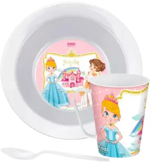 Kit Plato + Vaso de Plástico Redondo Kozi Plast Princesa 8503P - (3Pcs)
