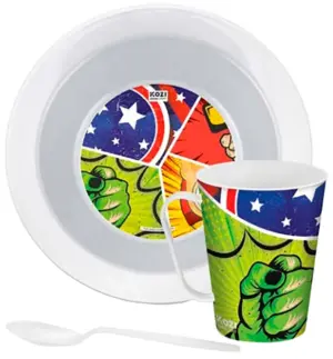 Kit Plato + Vaso de Plástico Redondo Kozi Plast Héroes 8504H - (3Pcs)